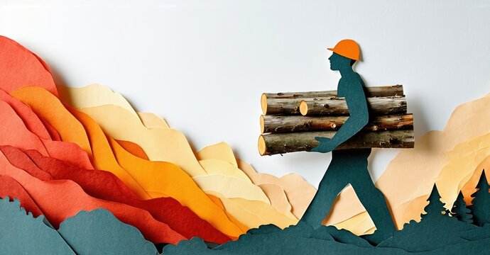 Papercraft illustration depicts lumberjack carrying logs. Colorful mountains form backdrop, silhouetted trees below. Simple, artistic style. - Powered by Adobe