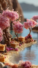Enchanting miniature island landscape with delicate pink blossoms and serene water reflections
