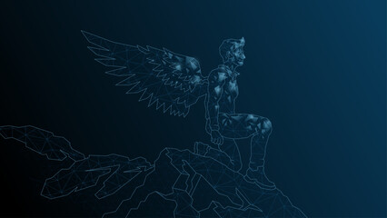 A man Icarus stands on the edge of a cliff. A man with wings behind a kick before flight.Vector abstract illustration wireframe, network, low poly.