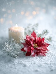 A red poinsettia and glowing candle resting in snow with soft light, white background, and gentle fir accents, creating a peaceful winter holiday atmosphere.
