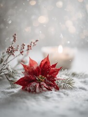 A red poinsettia and glowing candle resting in snow with soft light, white background, and gentle fir accents, creating a peaceful winter holiday atmosphere.