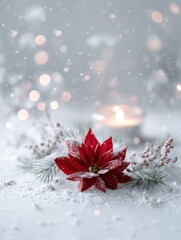 A red poinsettia and glowing candle resting in snow with soft light, white background, and gentle fir accents, creating a peaceful winter holiday atmosphere.