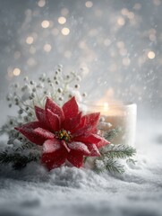 A red poinsettia and glowing candle resting in snow with soft light, white background, and gentle fir accents, creating a peaceful winter holiday atmosphere.