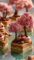 Exquisite miniature edible cherry blossom trees adorning dessert islands in a tranquil water setting