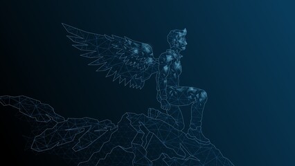 A man Icarus stands on the edge of a cliff. A man with wings behind a kick before flight.Vector abstract illustration wireframe, network, low poly.