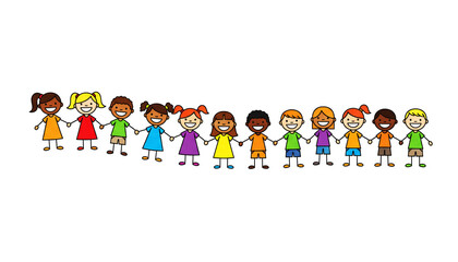 Illustration of diverse and happy children holding hands in unity and friendship