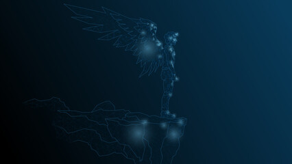 A man Icarus stands on the edge of a cliff. A man with wings behind a kick before flight.Vector abstract illustration wireframe, network, low poly.