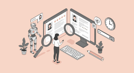AI recruitment process woman reviews candidates with AI robot assistant analyzing resumes on screens for hiring showcasing technology-driven HR solutions