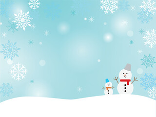  雪景色と雪だるま、雪の結晶のイラスト