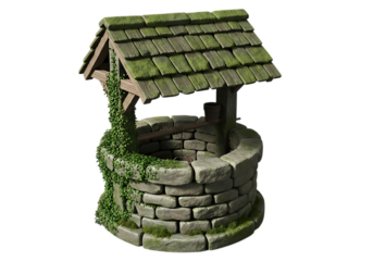 Ancient stone wishing well covered in green moss and ivy with weathered wooden roof image