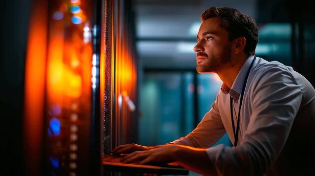 A system admin in a data center under vivid amber light oversees server virtualization hyper realistic scripts glowing on a monitor moody shadows on server racks bold colors
