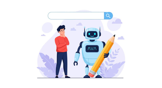 ai writing assistant helping a man illustrating content creation and artificial intelligence suitable for marketing or future technology articles