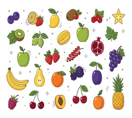 Colorful assortment of various fruits, including berries, citrus, tropical, and stone fruits isolated on white background