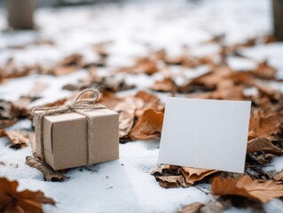 Wrapped Gift Box and Empty Card on Snowy Ground with Fallen Leaves