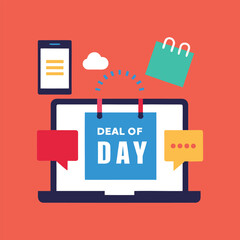 Deal of the Day Online Shopping Concept with Laptop, Mobile Phone, and Shopping Bag in Flat Design.