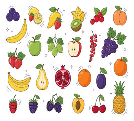 Colorful assortment of various fruits, including berries, citrus, tropical, and stone fruits isolated on white background