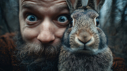 Man and rabbit making funny surprised face selfie portrait in nature