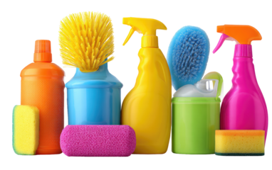 Colorful cleaning supplies in various shapes and sizes.  Bright bottles of cleaning liquid,  brushes and sponges
