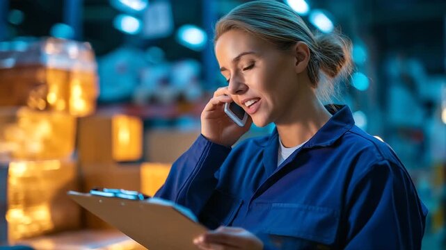 A female depot worker in coveralls under vivid blue light answers a landline hyper realistic inventory lists glowing on a clipboard moody shadows on shelves bold colors in par
