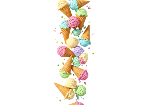 Assorted colorful ice cream cones with sprinkles scoops pastel colors