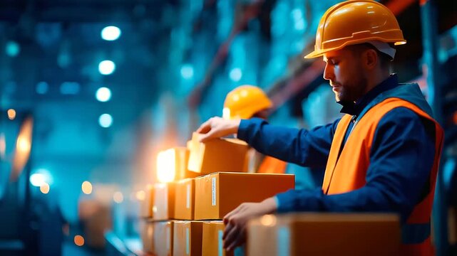 Small business warehouse workers under vibrant blue light prepare goods for express delivery hyper realistic shipping labels glowing moody shadows on shelves bold colors in