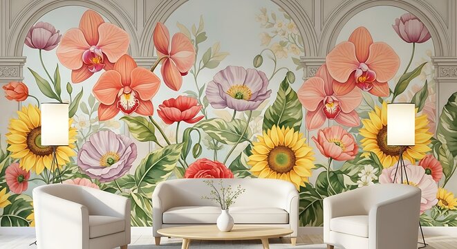 Watercolor floral wallpaper with orchids, sunflowers, poppies, and roses creates a vibrant and inviting interior decor theme