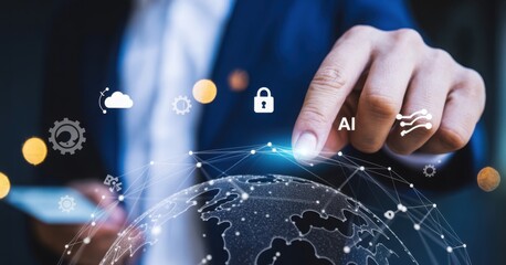 Digital World Interaction: A professional, poised in a dark suit, gracefully interacts with a holographic representation of the digital world, a fusion of innovation and human touch.