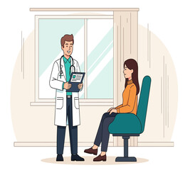 A doctor is consulting with a female patient in the office, the doctor is holding a tablet and the patient is sitting on a chair, isolated on white background