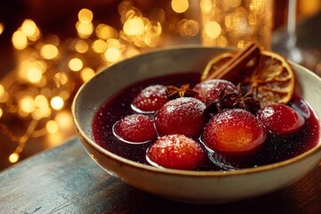Bowl filled with spiced mulled wine poached apples, surrounded by warm lights. Sweet cherries, cinnamon stick, festive atmosphere add to cozy feel. Apples soaked in warm spiced red wine. 