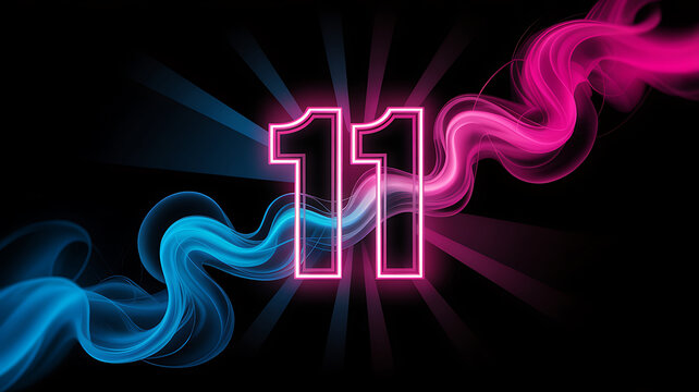 Number 11 glowing in neon pink and blue smoke on black background - Powered by Adobe