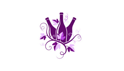 Logo illustration of a wine bottle, grapes, and vines