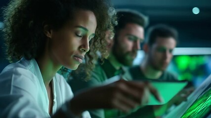 A diverse team of analysts in a solar panel plant under bold green light examines sustainability checklists hyper realistic production metrics glowing moody shadows on panels - Powered by Adobe