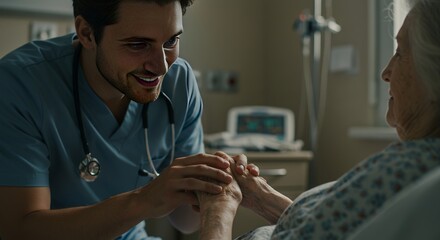 Caring male nurse smiling joyful in blue scrubs holding elderly female patient hand in hospital room with medical equipment and gentle compassionate interaction
