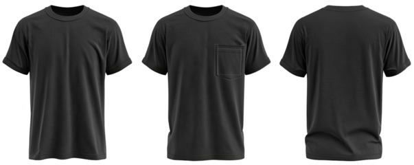 Three views of a dark gray/black short-sleeved t-shirt with a front pocket