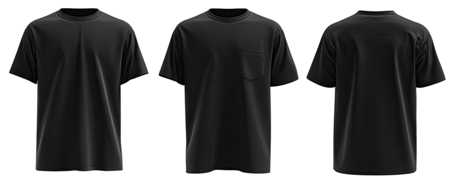Three-view mockup of a black t-shirt with a chest pocket