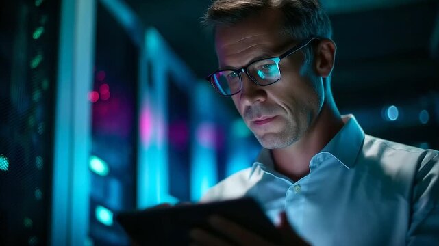 A close up of a data center engineer under stark cyan light oversees server virtualization on a tablet hyper realistic scripts glowing moody shadows on server racks bold color