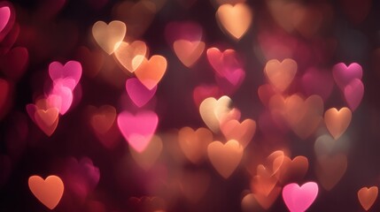 A dreamy Valentine's Day background with glowing heart-shaped bokeh in soft red, pink, and gold tones, blurred for a warm romantic feel.
