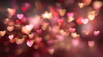 A dreamy Valentine's Day background with glowing heart-shaped bokeh in soft red, pink, and gold tones, blurred for a warm romantic feel.