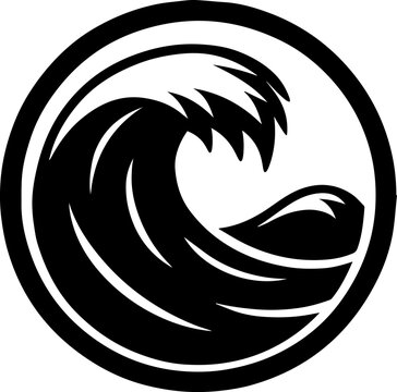 Minimalist Black and White Ocean Wave Glyph Icon in Circular Frame.eps