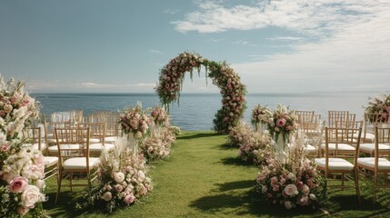 Fototapeta premium Romantic wedding ceremony setup on a lawn with sea view, elegant floral arch and timeless cinematic detail.