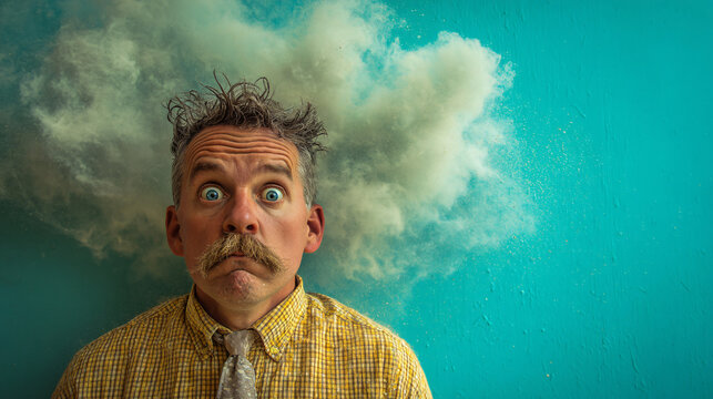 Man experiencing severe mental stress, head explosion, mind blown with a smoke cloud