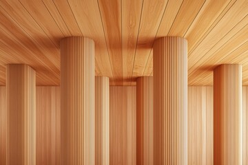 Fototapeta premium Elegant Wooden Interior with Vertical Columns and Timber Ceilings for Modern Architecture and Design Aesthetics
