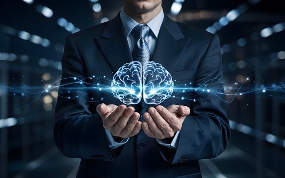 A businessman in a suit holds a glowing digital brain hologram, symbolizing the power of artificial intelligence, innovation, and business intelligence