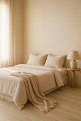 Cozy Bedroom with Soft Beige Bedding and Warm Lighting