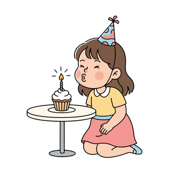 Girl Celebrating Birthday with Cupcake &ndash; Kids Party Vector Illustration