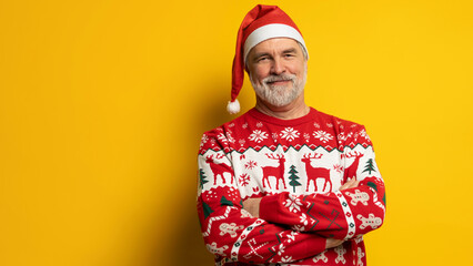 Obraz premium Merry satisfied smiling mature man wear knitted christmas sweater Santa hat posing on isolated yellow background