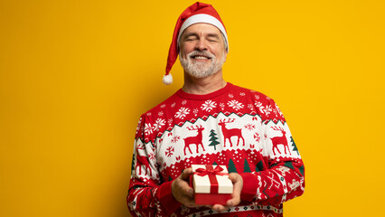 Obraz premium Merry mature man wear red warm knitted sweater Santa hat posing hold present box with gift ribbon bow isolated on yellow