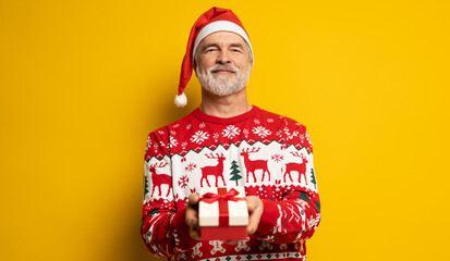 Fototapeta premium Merry mature man wear red warm knitted sweater Santa hat posing hold present box with gift ribbon bow isolated on yellow