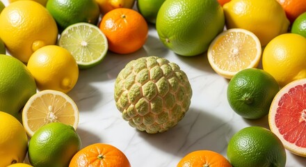 Fresh And Vibrant Assortment Of Citrus Fruits And Exotic Annona Fruit On Display