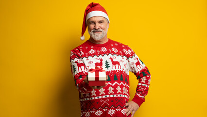 Merry mature man wear red warm knitted sweater Santa hat posing hold present box with gift ribbon...